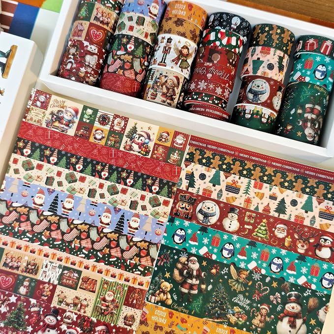 27 Rolls Christmas Vintage Washi Tape Set - Retro Holiday Decorative Tapes with Snowman, Santa, Christmas Tree Designs - DIY Craft Supplies for Scrapbooking, Journaling, Gift Wrapping