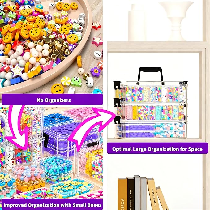 Bead Organizer Box 58 Pcs, 3-Tier Stackable Storage Box, and 3 Different Container Sizes Small Plastic Containers with Lids, Portability, Clear Organizers for Jewelry DIY Craft Storage