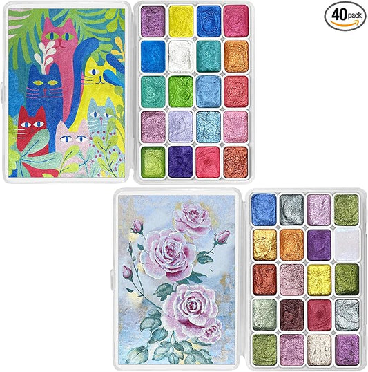CraftyManor Mini Forestry Shifting Watercolor Painting Set, 40 Color Shifting Watercolor Paint Set, Shimmer Metallic Watercolor Paints Set, Glitter Watercolor Paint, Solid, Matisse & Rococo Style