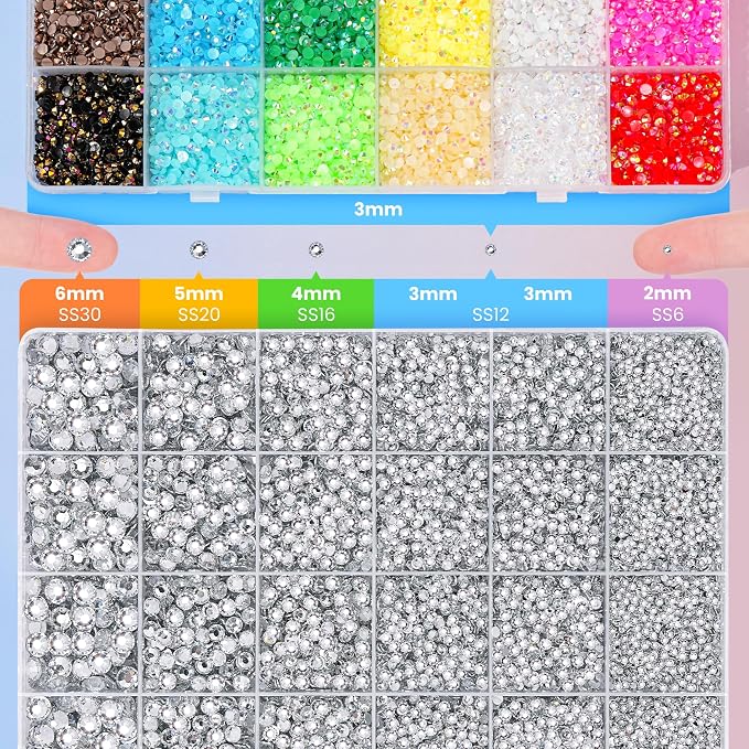 2 Boxes 70000PCS Rhinestones Kit, Rhinestones 3mm 24 Color & Silver 2/3/4/5/6mm Resin Flatback Gems for Diamond Art, Bedazzler Kit with 4Pcs B7000 Jewelry Glue for DIY Crafting Crafts Decor