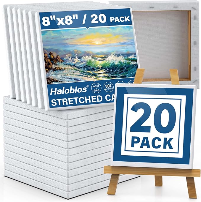 Halobios Professional Stretched Canvases for Painting with 8x8 Inch, 20 Packs Blank Painting Canvas for Acrylics,Oils & Other Painting Media, 5/8 Inch Profile 100% Cotton Artist Framed Canvas