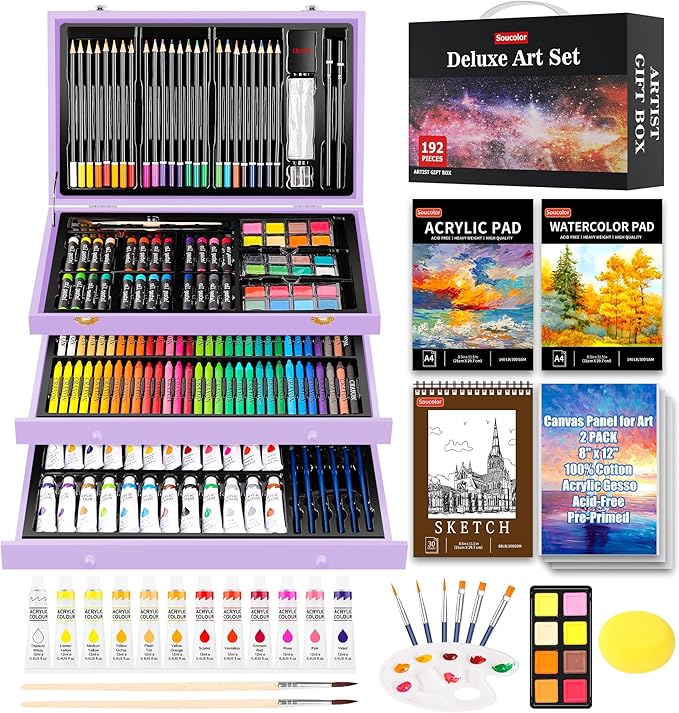 Soucolor Art Supplies,192-Pack Deluxe Art Set Drawing Painting Supplies Kit | Supplies Kit with Acrylic Pad, Watercolor Pad, Sketch Book, Canvases, Acrylic Paint, Crayons, Pencils Birthday Gifts