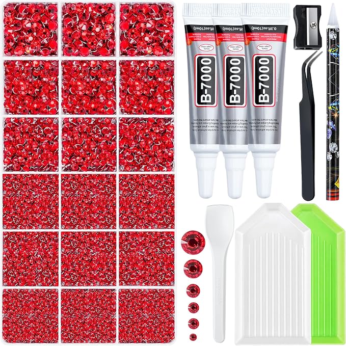 32000 Pcs Resin Jelly Rhinestones Kit, Red 2/3/4/5/6mm Flatback Rhinestones with 3 Pcs B7000 Jewelry Glue & Tools, All-in-One Bedazzling Kit for DIY Arts & Crafts Gifts