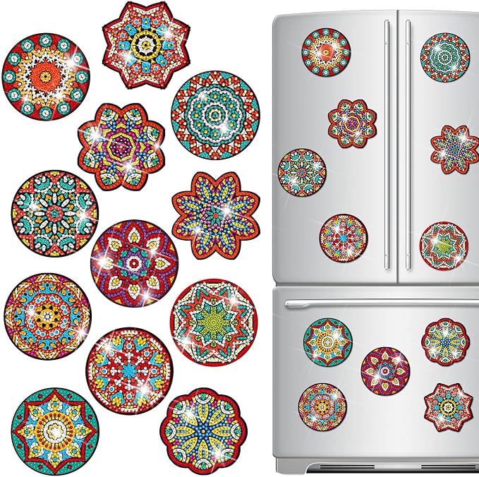 Zonon 12 Pcs Mandala Diamond Art Fridge Magnets Decorative | Colorful Mandala Patterns for Refrigerator, Diamond Painting Magnetic Stickers, Easy Apply Remove, Adults Home Decor