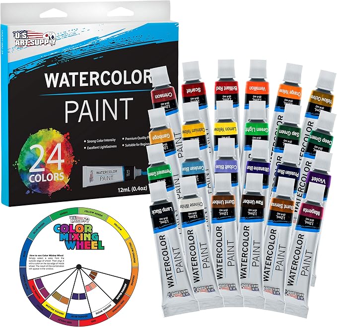 U.S. Art Supply Professional Watercolor Paint Set, 24 Colors in 12ml Tubes