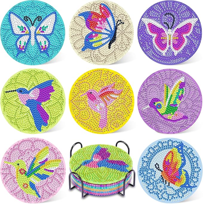 UPINS DIY Kit, Diamond Art Painting Coasters with Holder, 8 Pcs Hummingbird Butterfly Coaster Craft Supplies for Adults Kids Beginners | DIY Hummingbird Butterfly Coaster,Diamond Art Kits,for Adults Beginners DIY Diamond Art Craft Supplies