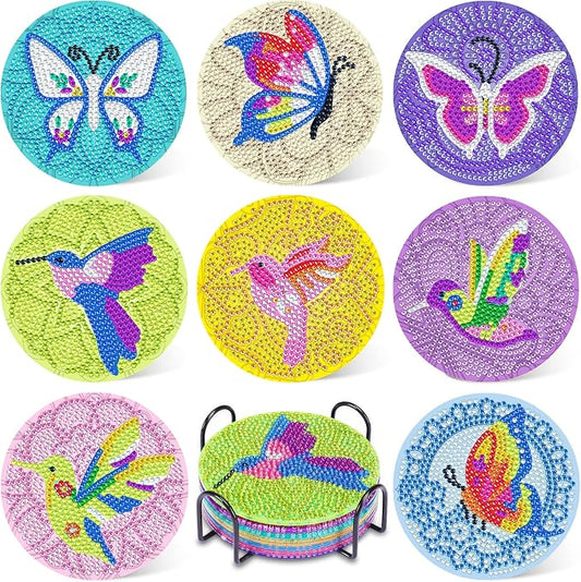 UPINS DIY Kit, Diamond Art Painting Coasters with Holder, 8 Pcs Hummingbird Butterfly Coaster Craft Supplies for Adults Kids Beginners | DIY Hummingbird Butterfly Coaster,Diamond Art Kits,for Adults Beginners DIY Diamond Art Craft Supplies