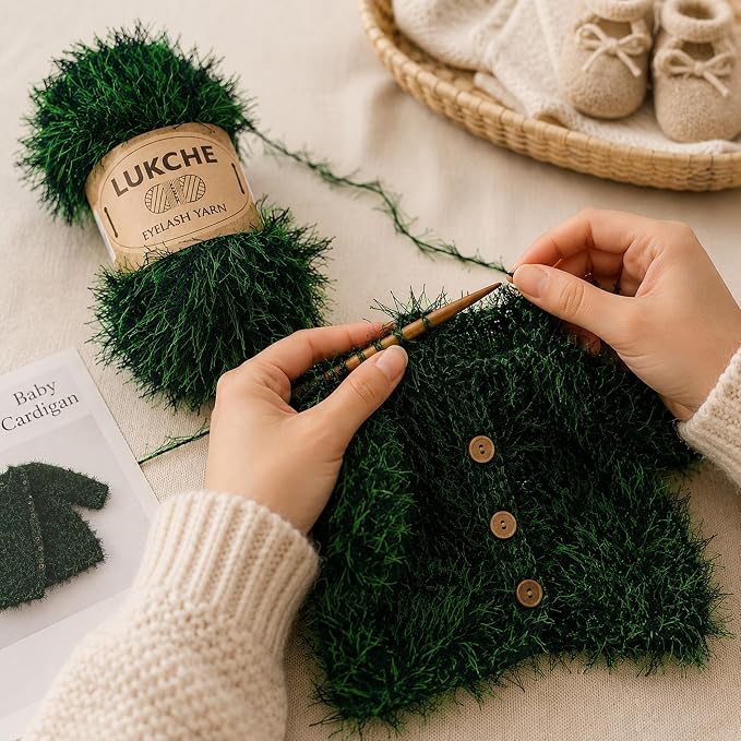 Eyelash Fun Fur Yarn Premium 100% Polyester 164 Yds (150 Mt), 3.53 Oz (100 Gr) Colorful Crochet Yarn Dıy Hand Knitting. (Black-Green, 1 Skein)