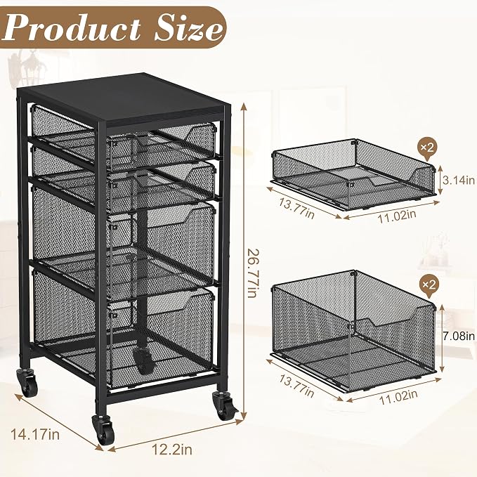 Rolling Storage Cart with Drawers, Under Desk Storage with Wooden Tabletop & Lockable Wheels, 4-Tier Storage Drawers for Bathroom, Craft, Office, Black