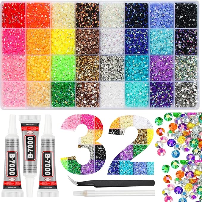 Bedazzling Kit 45000Pcs 32 Colors 3mm Jelly Rhinestones, Bedazzler kit with Rhinestones for Bedazzling, Gems for Diamond Art with 3Pcs 10ml B7000 Glue for Clothes Nails Art Makeup