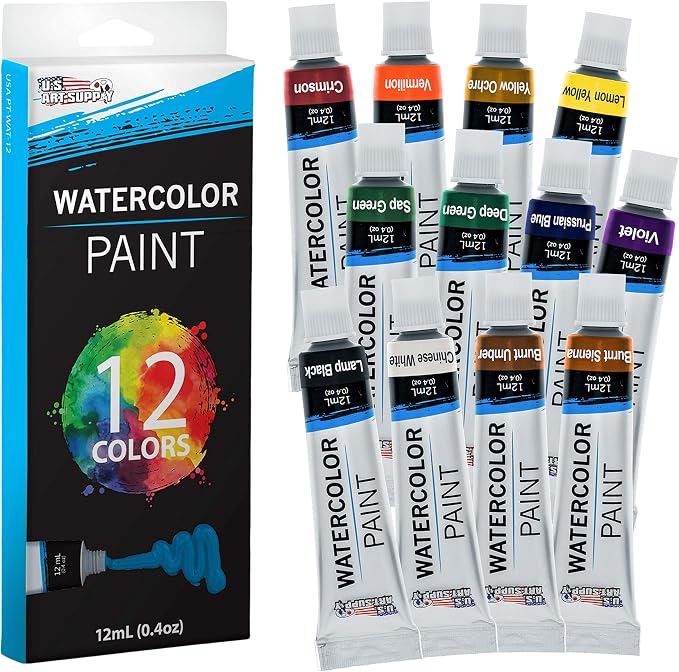 U.S. Art Supply Professional Watercolor Paint Set, 12 Colors in 12ml Tubes