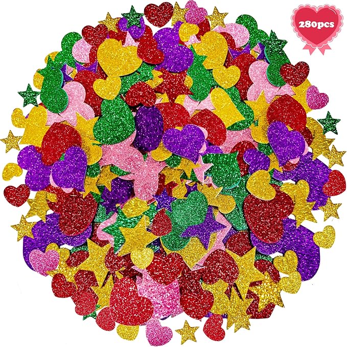 Back to School Supplies - 280 PCS Glitter Foam Reward Stickers for Kids | Self Adhesive Stars Mini Heart Shapes Stickers for Teachers Students Classroom - Arts Craft Scrapbook Supplies Party Favors