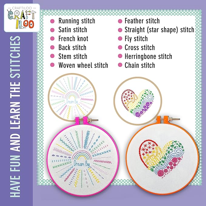 Embroidery Kit for Kids Ages 7-13 - 10 Pre-Stamped Beginner Patterns