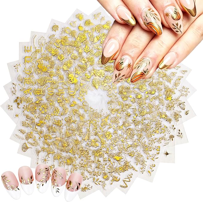 30 Sheets Fall Nail Art Stickers Gold Maple Leaf Nail Decals 3D Self-Adhesive Nails Supplies for Women Manicure Decorations