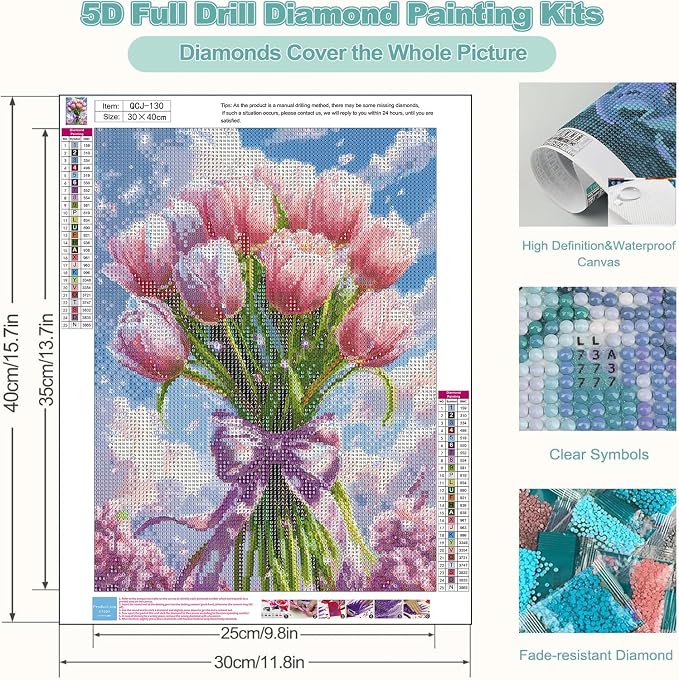 Accompany Wind Pink Tulips Diamond Art Kits for Adults, 5D Flowers Diamond Painting Kits for Beginners,DIY Round Full Drill Diamonds Gem Art Crafts for Home Wall Decor Gifts 12x16 Inch