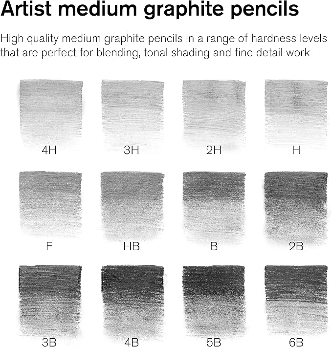Winsor & Newton Studio Collection, Graphite Pencils, Set of 12 | Soft, Thick Core pencils, Varied Hardness, Soft Smooth Texture, Easy Blending, Stylish Metal Tin Included, High Quality Lead