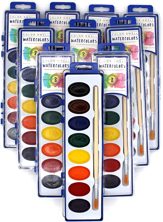 Color Swell 8 Color Bulk Watercolors with Wood Brushes, 10 Pack