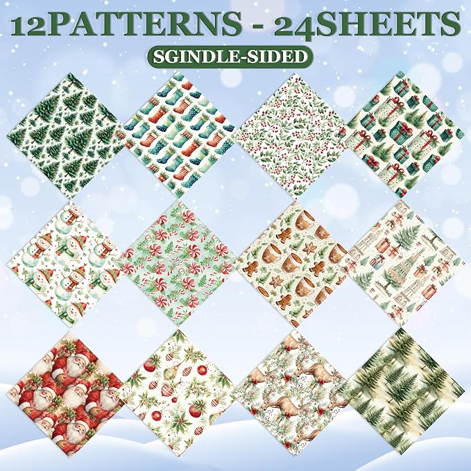 Christmas Pattern Scrapbook Paper, 6 Inch Card Production Supplies, 24 Sheets Single Sided Acid-Free Cardstock Greeting Card, Handmade Gift Journaling Craft Kits (H-style)
