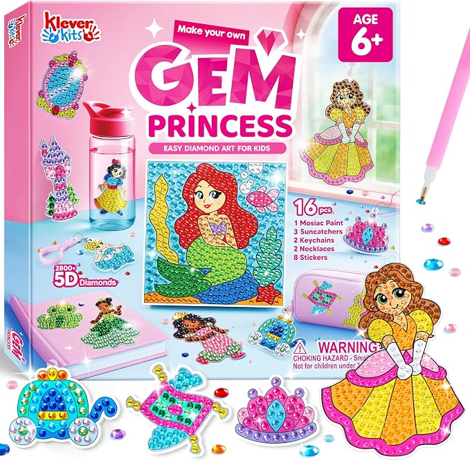 Klever Kits 16 Projects Gem Princess for Kids, Make Your Own Diamond Gem Painting Kit, Arts and Crafts for Girls Ages 6-12, Gem Craft Activities Kits, Premium Art Gift Ideas for Girls Ages 6, 7, 8+