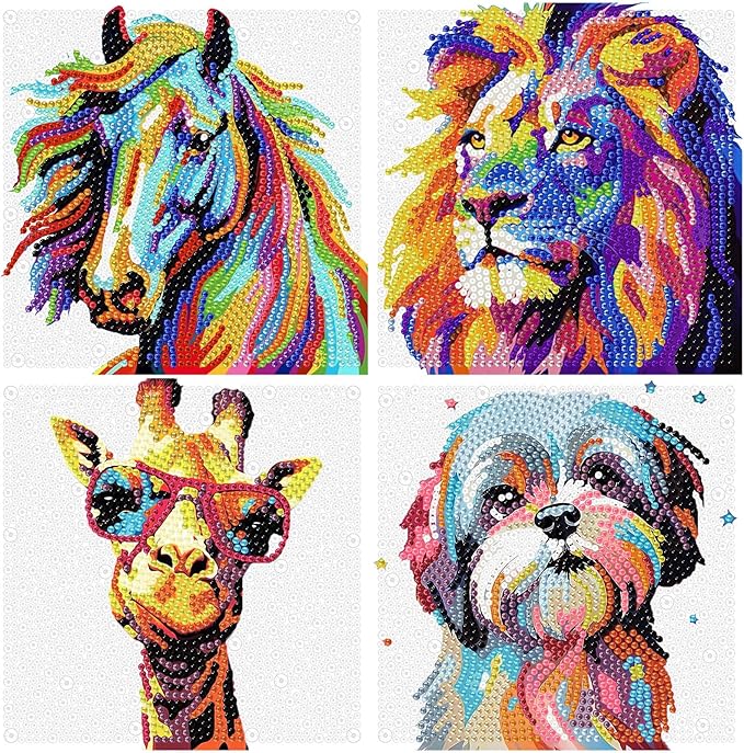 cviokrdu 4 PCS Diamond Art Kits for Kids, Animals Diamond Art for Kids Ages 4 8 12, Cute Horse Lion Dog Deer Gem Art Kit Crafts Beginners for Gift Home Wall Decor (6x6inch)