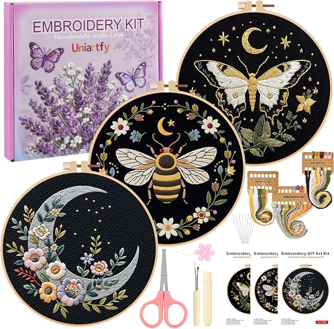 Uniartfy 3 Sets Butterfly Bee Moon Embroidery Kits for Beginners, DIY Cross Stitch Starter Craft Kit for Adults, Needlepoint Kits Including Cloth with Flower Plant Pattern, Hoop, Tools, Instructions