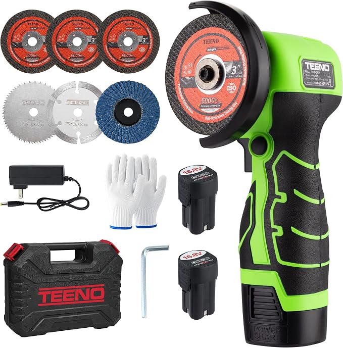TEENO Cordless Angle Grinder 3 Inch, 19,500 RPM Mini Electric Angle Grinding Tool with 2 pcs 2000mAh Batteries and 6 Cutting Discs, 16.8V Handheld Grinder for Metal/Wood Cutting and Grinding