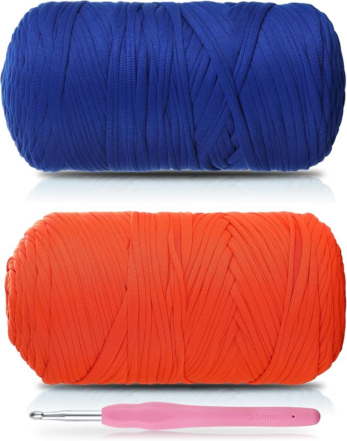 2 Pack T-Shirt Yarn - Together 800g/236 Yards Elastic Fabric Crochet Cloth T-Shirt Yarn, Thick Hand Knitting Yarns for Crocheting Bags/Rugs/Baskets/Craft Project (Modern, Orange+Sapphire Blue)