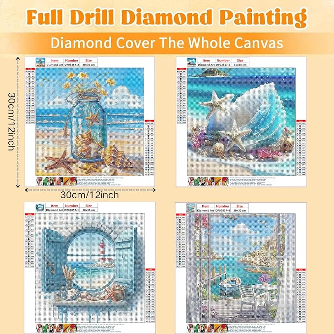Diamond Art Kits for Adults,4 Pack Beach Diamond Painting Kits 12x12inch