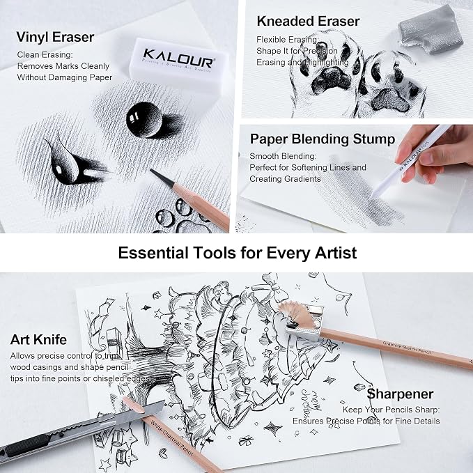 KALOUR 29 Pro Sketching Drawing Pencils Set with Roll-Up Nylon Case – 14 Graphite Pencils (14B–5H), Charcoal Pencils, Erasers, Sharpener & Stumps – Complete Art Kit for Artists & Beginner