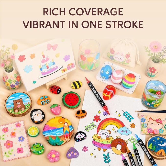 Pagather Acrylic Paint Markers, 72 Colors Dual Tip Fine & Brush Pens Set | For Rocks, Fabric, Wood, Glass & More, Perfect for DIY Crafts and Creative Art Projects with Bright, Smooth and Quick-Dry Ink