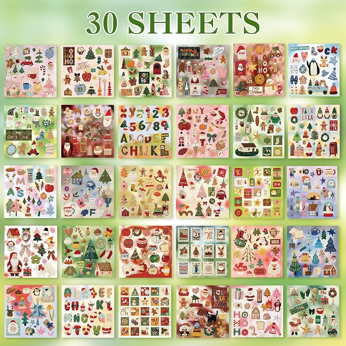 Washi Stickers Set Vintage Aesthetic Sticker Book for Journaling, DIY Decorative Paper Sticker Decals for Bullet Journal Art Scrapbooking Diary Card Craft Gift Album (Christmas Style)