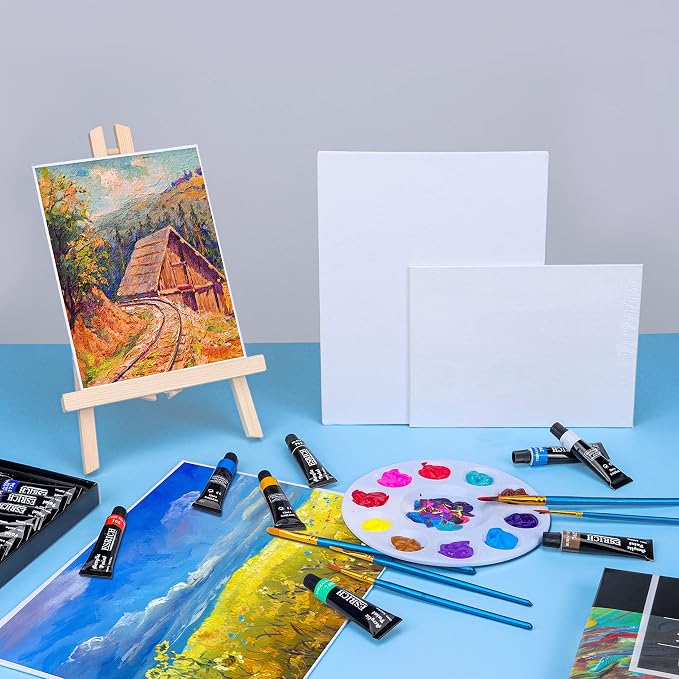 ESRICH 42 PCS Acrylic Paint Canvas Painting Kit with 24 Paints | Acrylic Paint Set, Table Wood Easel, 10 Brushes, 6 Canvas , Painting Supplies for Kids