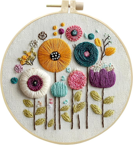 Embroidery Kit for Beginners & Adults Starter Kit, Cross Stitch Kits,DIY Hand Embroidery Needlepoint Set with Hoop, Pre-Printed Fabric, Threads and Instructions (Flower-3)