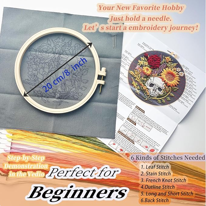 FONNUY Floral Embroidery Kit for Beginners, Colorful Flowers Pre-Stamped Pattern Kits for Adults with Hoop, Thread Needlework, 8'' Hoop (Skull)