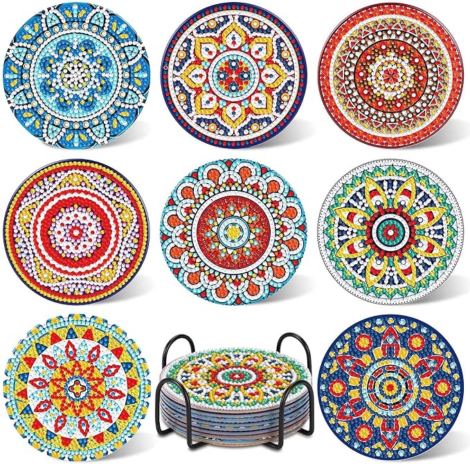 UPINS 8Pcs Mandala Diamond Art Painting Art Coasters Kits with Holder | Diamond Art Non Slip Coaster Kits,DIY with Holder crafts for Adults,Diamond Art Painting Kits Supplies for Christmas Gift