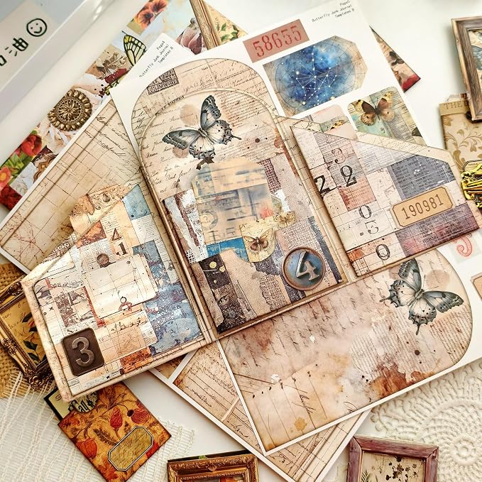 Vintage Junk Journal Kit with DIY Ephemera Storage and Accordion Pockets,11 Sheets Cardstock Pieces for Art Journaling, Scrapbooking and Mixed Media Crafts