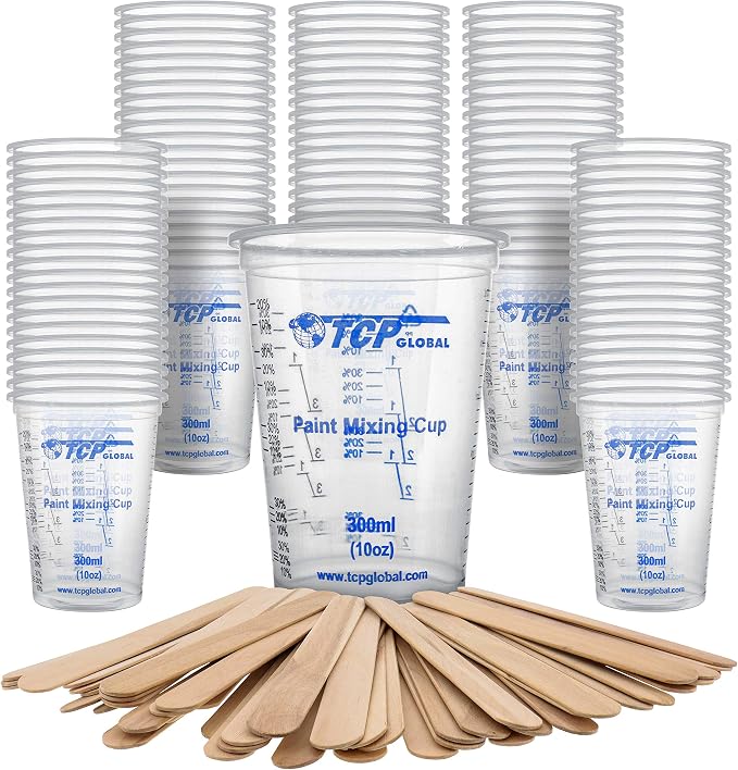 TCP Global 10 oz. (300ml) Graduated Plastic Mixing Cups - Box of 100 | Plus 50 Mixing Sticks, Disposable Plastic Measuring Cups for Liquids, Paints, Resin, Epoxy, Kitchen , Ratios 2-1, 3-1, 4-1 ML