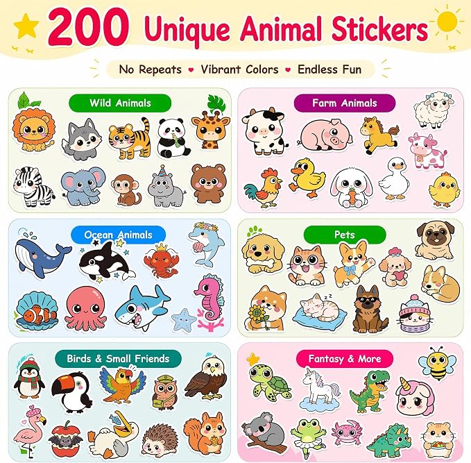 EOAOD 200 Pcs Cute Animal Water Bottle Stickers for Kids, Waterproof Vinyl | No Repeats, Perfect for Classroom Rewards, Party Favors, Goodie Bags, Scrapbooking, Crafts and Gifts for Boys and Girls