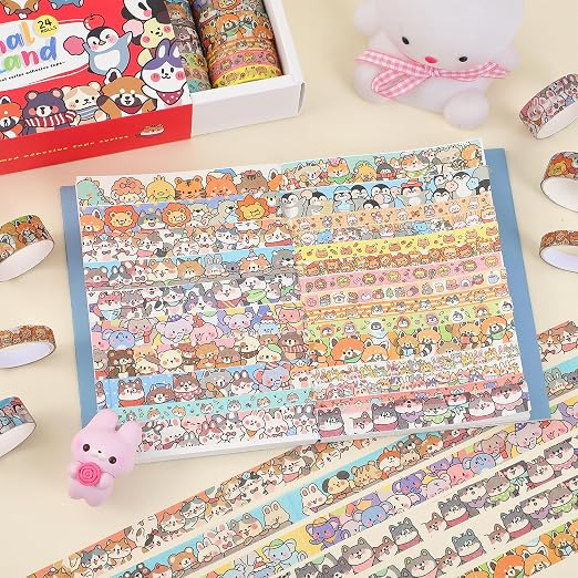 24 Rolls Colorful Cute Cartoon Animal Writable Washi Tape Set, Decorative Tapes for Scrapbooking and Journaling, Junk Journal Supplies, Bullet Journaling for Women Girl 8-15mm Wide 9.84ft Long/Roll