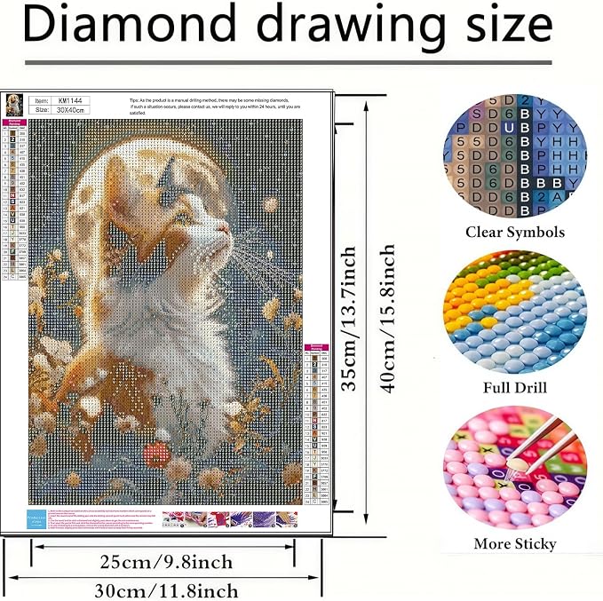 Moon Cat 5D Diamond Painting Kit, Wildflower Diamond Art for Adults | Full Round DrillDiamond Dots Kits Gem Arts DIY Crafts for Home Wall Deco Present Cat Lovers12x16inch