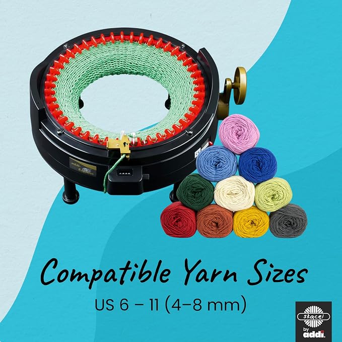 Addi Express King Size Knitting Machine Set, 46 Needles Circular Loom with Hand Crank, Row Counter, Maker’s Mercantile Yarn Cake (Color May Vary), and Hat Pattern
