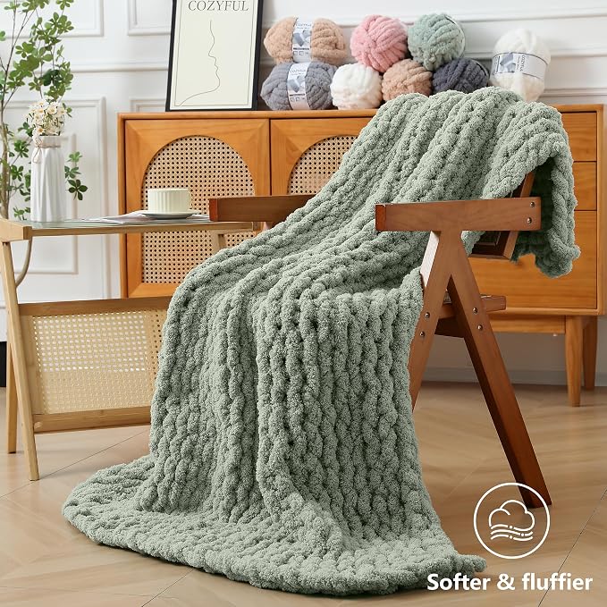 Cozyful Chunky Yarn for Hand Knitting - #10 Chunky Chenille Yarn, Jumbo Big Thick Chunky Yarns for Crocheting, Super Bulky Chunky Knit Blanket Yarns, 8 Skein (22 yds 8 oz Each Skein), Sage Green