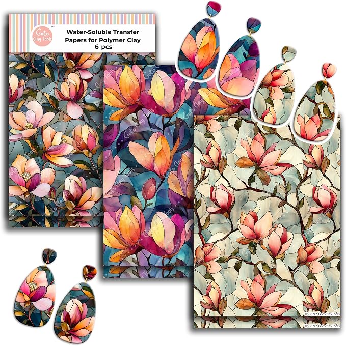 GOTO CLAY TOOLS Magnolia Stained Glass Clay Transfer Paper – 6 Pcs (4 x 5.5 inch) Polymer Clay Transfer Sheets for Jewelry Making, Crafts & DIY Clay Designs