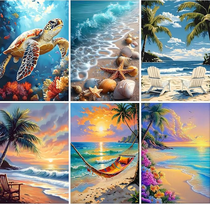 Ycydilirab 6 Pack Diamond Art Kits for Adults,Sea Turtle 5D Diamond Painting Kits for Adults,Seaside Scenery DIY Gem Painting Perfect for Gifts and Home Wall Decor 10x12inch