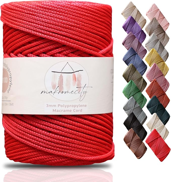Makromecity, Premium Polyester Macrame Cord 3mm x 131 Yards (394 feet) 3mm Polypropylene Red Macrame Cord Crochet Macrame Bag Cord Crafts for Wall Hangings, Bags, Underplate, Rug