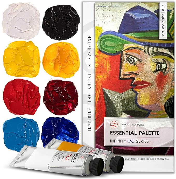 ZenART Professional Oil Paint Set - Artist Grade Primary Colors - 8x50ml | Essential Palette - Non-Toxic Large Tubes, Buttery Consistency, Rich Pigments, Lightfast Oil Paints for Artists & Beginners