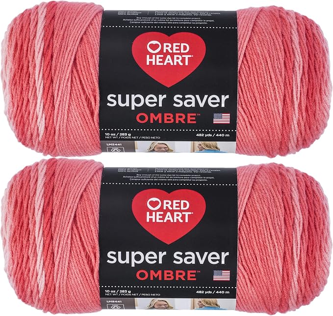 Red Heart Super Saver Ombre Yarn for Crocheting, Sea Coral, 2-Pack