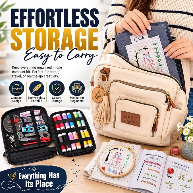 Embroidery Kit for Beginners | Video Tutorial, 3pcs Hoops, 106 Patterns, 65 Water Soluble Designs, 86PCS Sewing Supplies Set | Cross Stitch Book Kit | DIY Needlework Starter Craft Gift for Adults