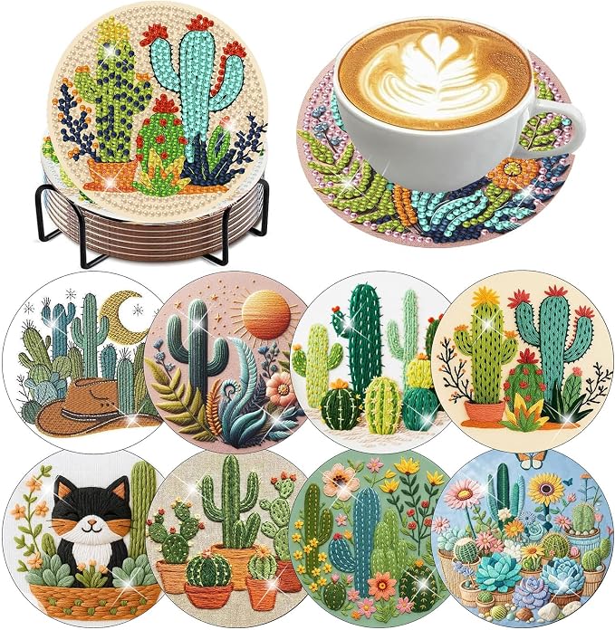 mrpwnle 8 Pcs Diamond Art Coasters Kits, Cactus Diamond Painting Coasters
