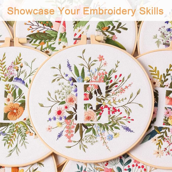Harimau Letter E Pattern Embroidery Kit for Adult Beginners, Complete Starter Pack with 1 Hoop, Needles, Instruction Guide & Embroidery Stitch Video Tutorials